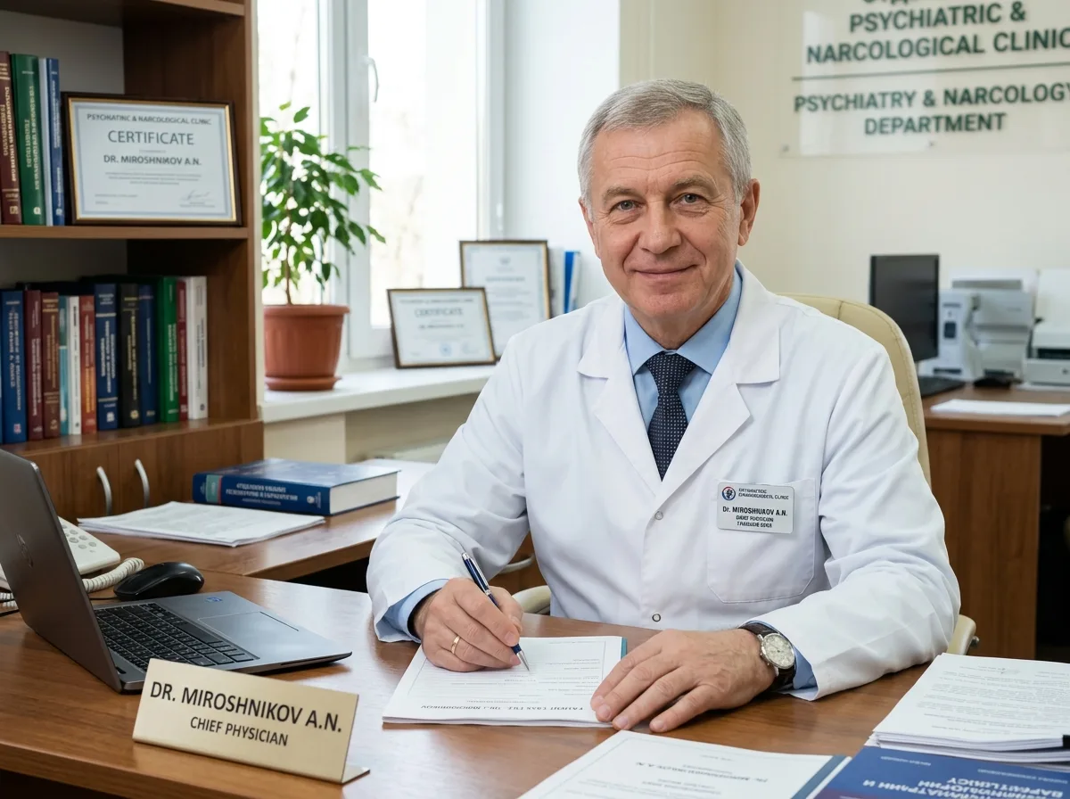 Портрет главного врача клиники психиатра-нарколога Мирошникова Алексея Николаевича, мужчина в белом халате, профессиональная медицинская обстановка